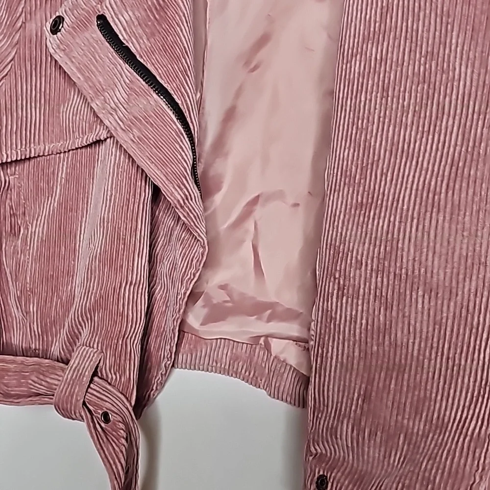 K. Zell Paris cropped crop corduroy moto pink zip up belted jacket sz Small